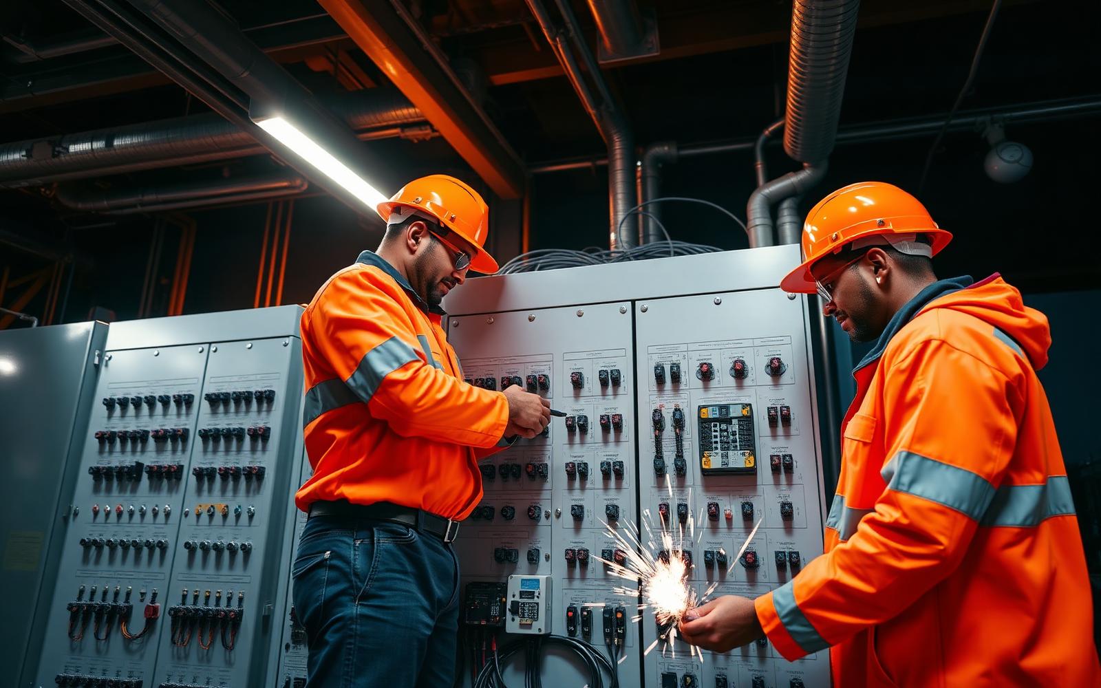 Electricians from Tinyane Solutions working on an industrial electrical panel